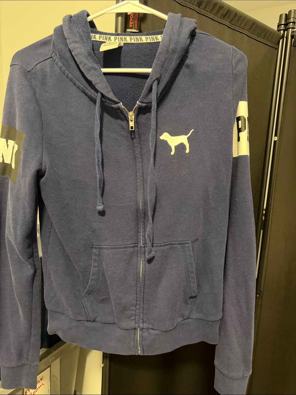 PINK Navy Blue Zip-Up Hoodie with Dog Logo